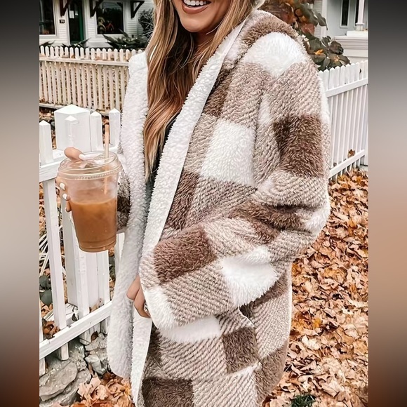 Brown Plaid Cozy Teddy Bear Open Front Hooded Cardi With Hood and Pockets - Picture 3 of 11